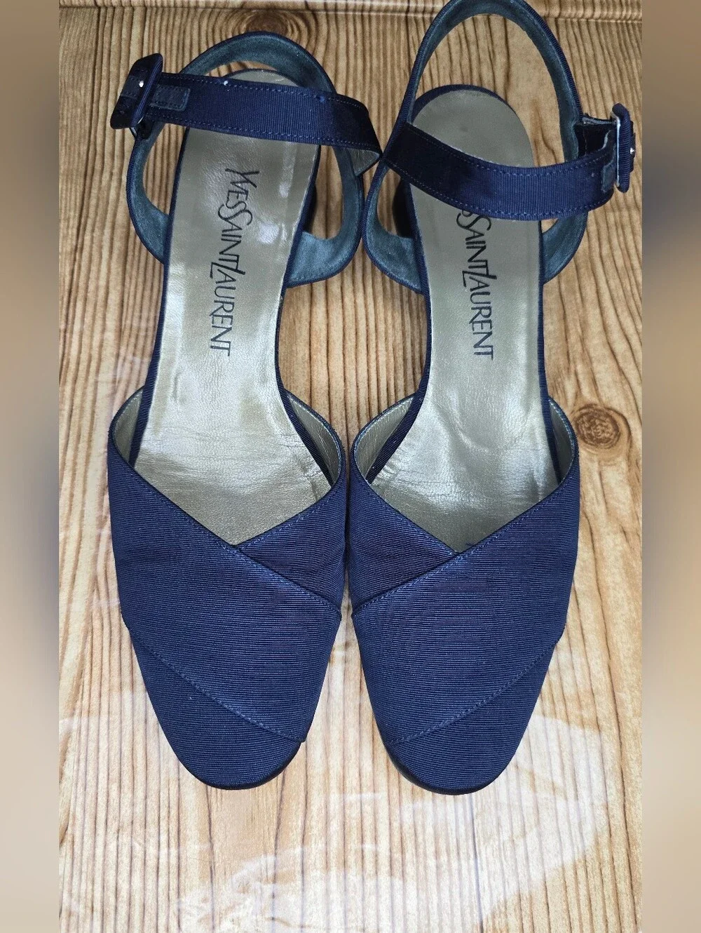 Yves Saint Laurent Navy Low Block Heels with Ankle‎ Strap Size 7.5